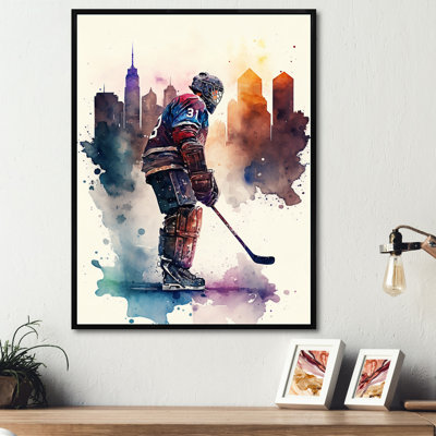 Joueur de hockey devant le paysage urbain I - Impression sur toile