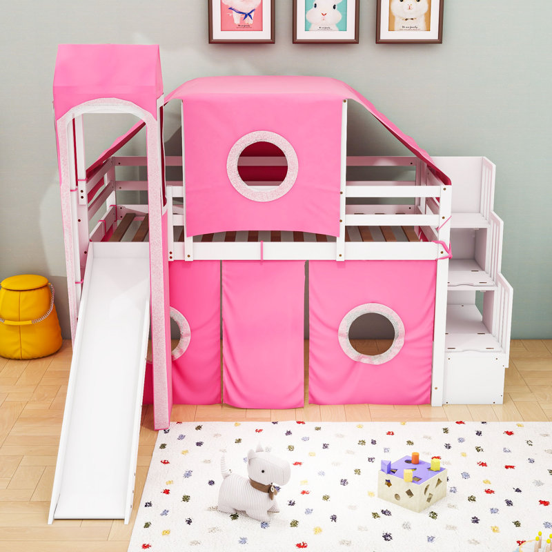 Jaleana Slat Loft Bed with Bookcase, Pink, Twin