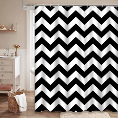 Classic Chevron Zigzag Memphis White Shower Curtain with 12 Hooks