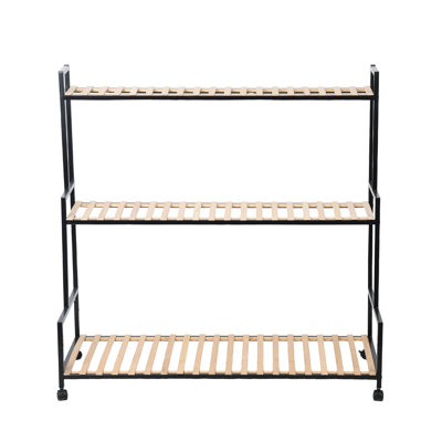 Plant Stand With Wheels 37 H, Rolling Plant Shelves Rack Indoor Outdoor,metal Plant Stand With Solid Wood For Multiple Plants,industrial Ladder Pla