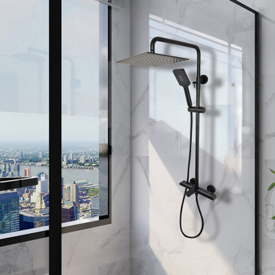 Zen Three Function Thermostatic Exposed Shower Pipe System With Square 10"x10"x1/5" Rain Shower Head And 3 Functions Hand Shower And Tub Spout.
