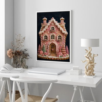 Pink Gingerbread Candy House Christmas Decor Framed Canvas Master Bedroom Wall Art Work Print