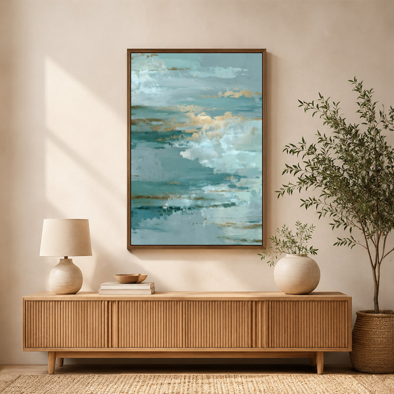 Toile abstraite sarcelle texturée or avec cadre flottant, bleu sarcelle, prête à être accrochée, 20 x 30 po, Beige