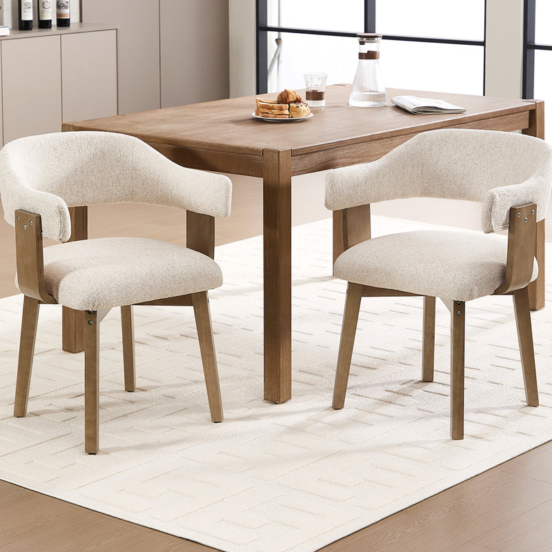 Modern Dining Chairs With Solid Wood Legs And Arms,Curved Back Upholstered Side Chair, Beige Chenille
