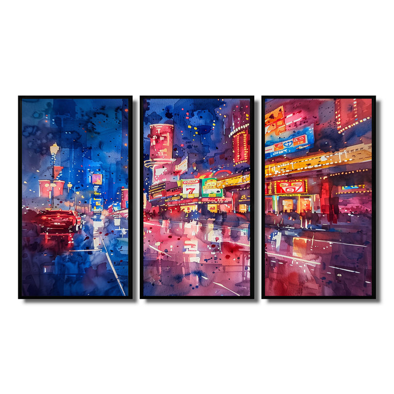 «Pink Blue Neon Nights Casinos III» - 3 pièces, Cadre flottant noir, H 28 po x l 36 po