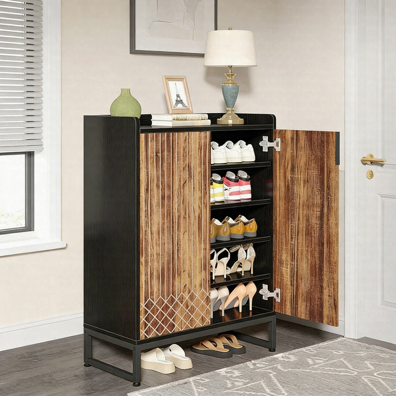 Modern Shoe Cabinet With Doors, 5-Tier Entryway Shoe Storage Organizer With Metal Legs, Brown/Black