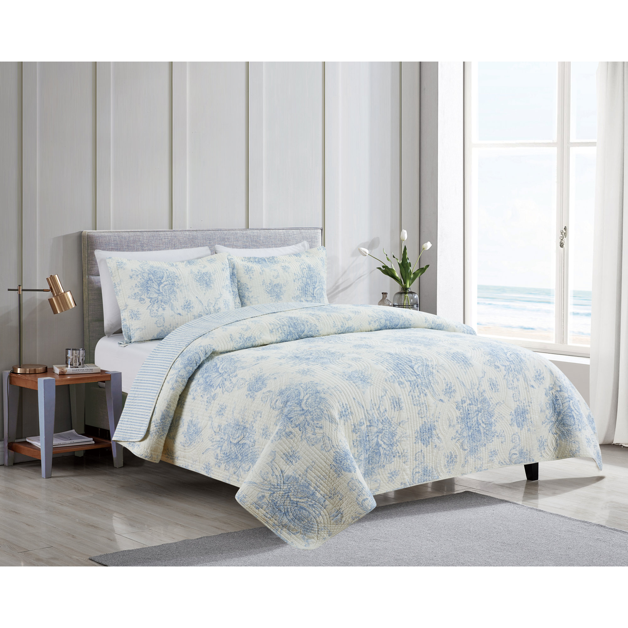 Benedictine Cotton Quilt Set, Light Blue, Full/Queen Quilt + 2 Shams