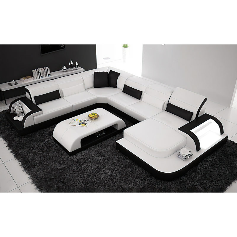 Canapé modulaire en cuir Jysir, Cuir véritable blanc / noir, Orienté à droite