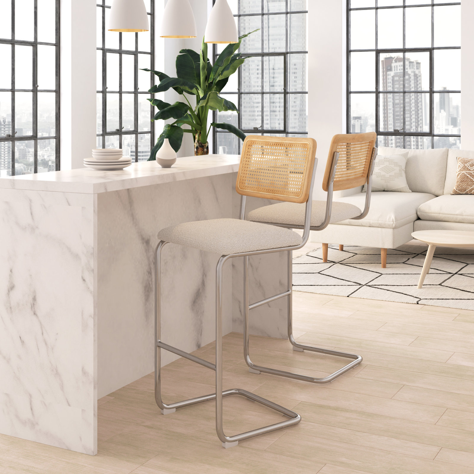 Walsh Boucle Bar & Counter Stool, Bar Stool (30” Seat Height), White Boucle/ Chrome Frame