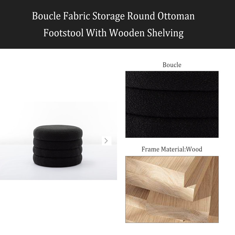 Repose-pieds rond avec rangement en tissu, Boucle noire