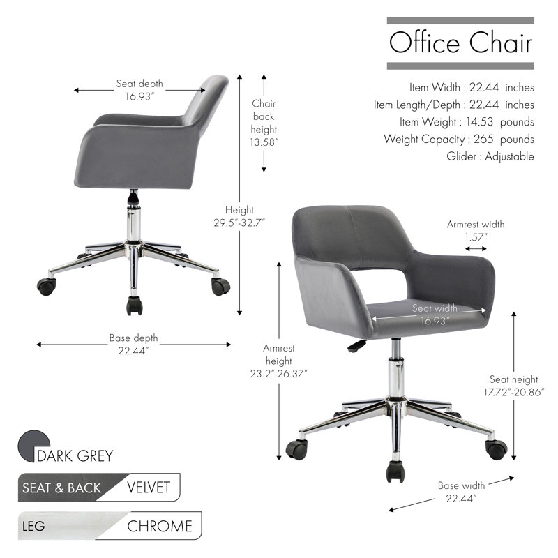 Chaise de bureau en velours Kai, Gris foncé