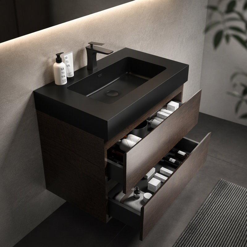 Alice 30" Walnut Bathroom Vanity with Sink, Large Storage Wall Mounted Floating Bathroom Vanity for Modern Bathroom, One-Piece Black Sink Basin without Drain and Faucet, Pre-assembled