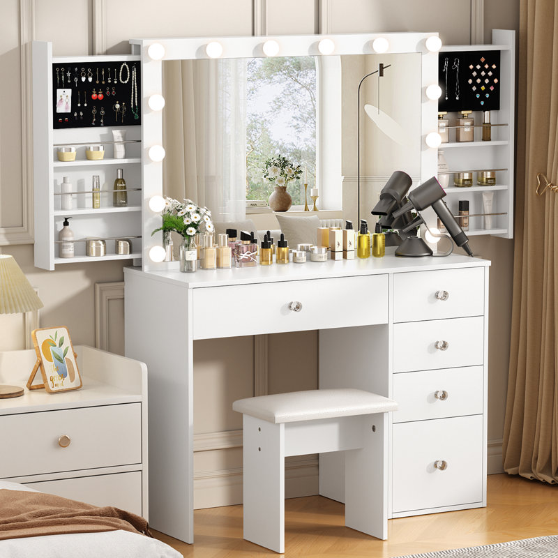 Greyden Makeup Vanity with Hidden Sliding Storage Shelves and Outlets, White