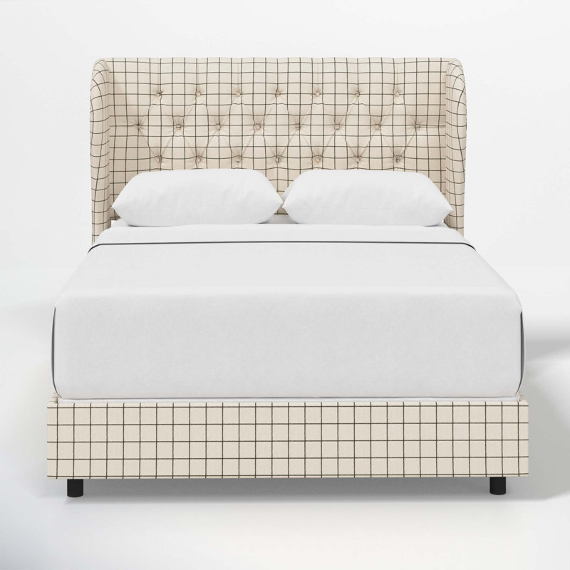 Tomey Upholstered Wingback Bed, King, Line Tattersall Green