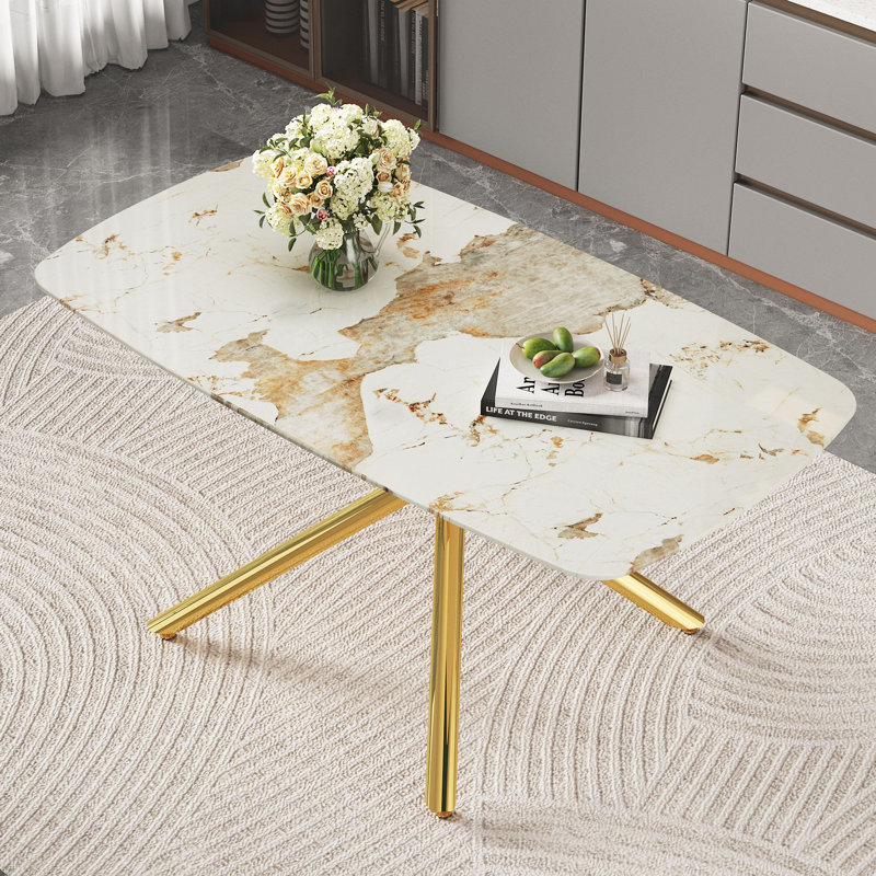 Table de salle à manger luxueuse en verre trempé à motif marbré. Pieds de table en métal à fourche simple. Plateau de table en verre trempé, pieds en métal. Rendez-le adaptable à différents styles.