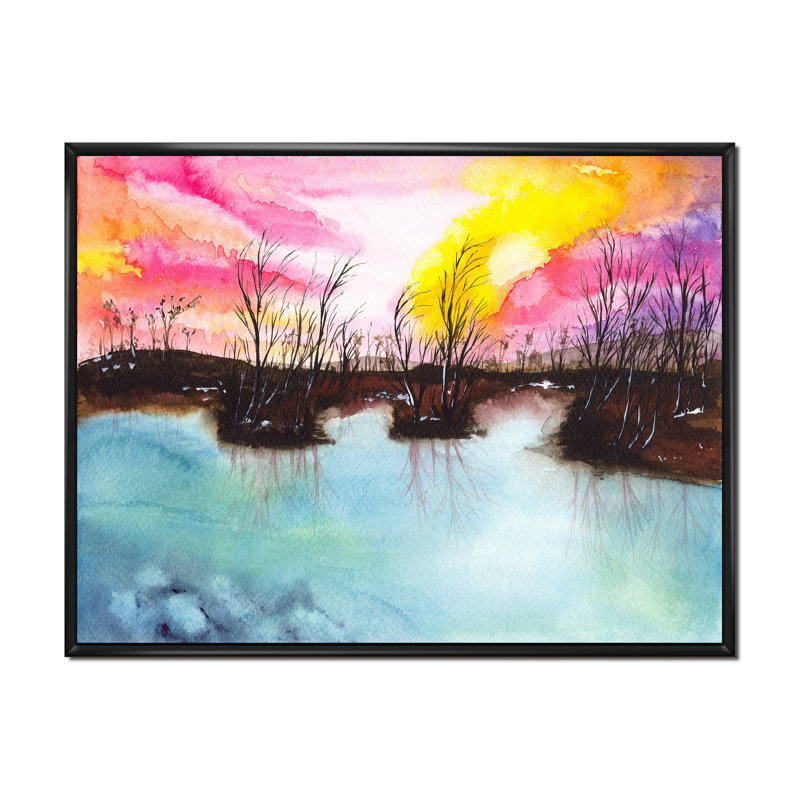 «A Landscape With A Blue Lake Swampy Shore», reproduction sur toile, H 24 po x l 32 po, Toile à cadre flottant noir