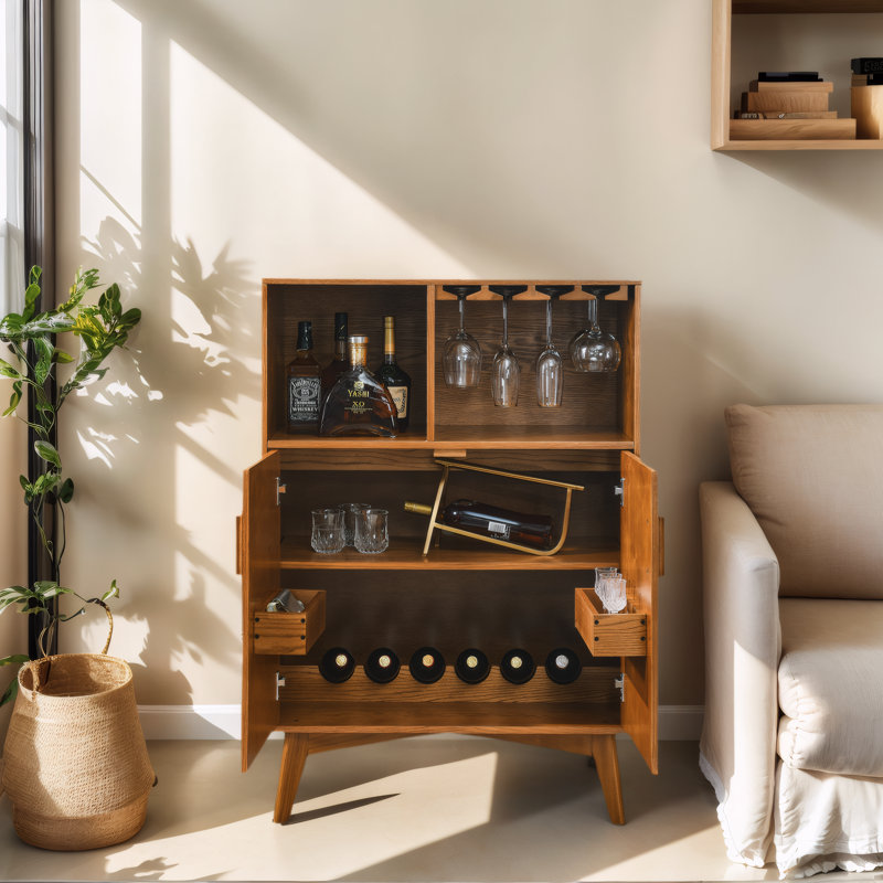 Rustic Wine Cabinet With Glass Holder & Adjustable Shelf, Kitchen Buffet Sideboard For Farmhouse Dining Room Storage