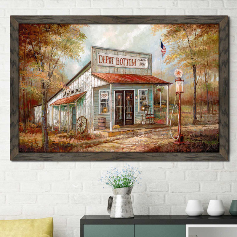« depot bottom », reproduction de peinture à l’huile encadrée, H 21,5 po x l 27,5 po x P 0,75 po