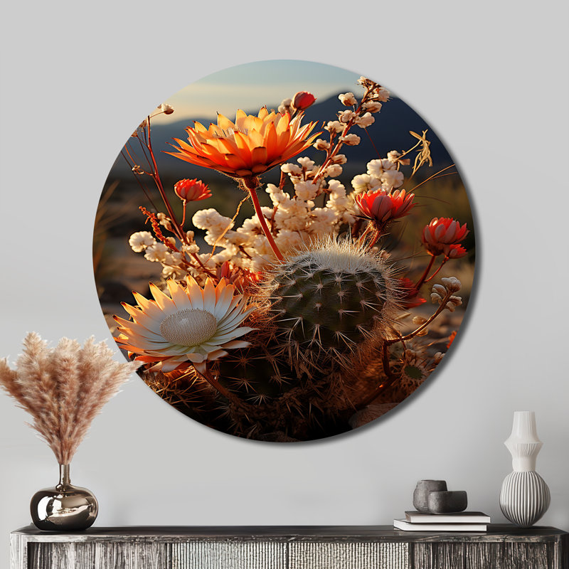 Désert Euphoria Cactus II - paysages d'art rond en métal, H 16 po x l 16 po