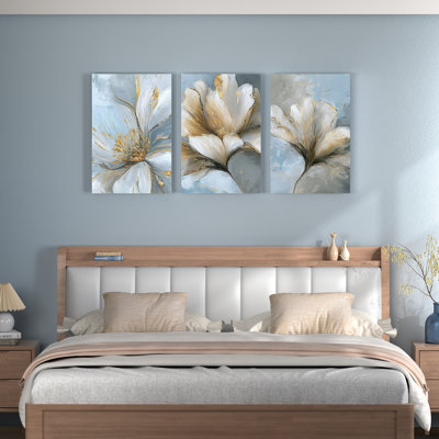 Abstrait floral doré et bleu, reproduction d'art sur toile tendue sur toile (ensemble de 3)