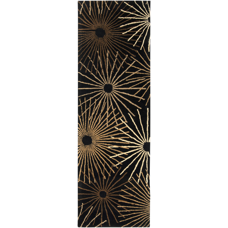 Tapis noir / brun foncé / kaki en laine touffeté à la main Deweese, Tapis de couloir 2 pi 6 po x 8 pi