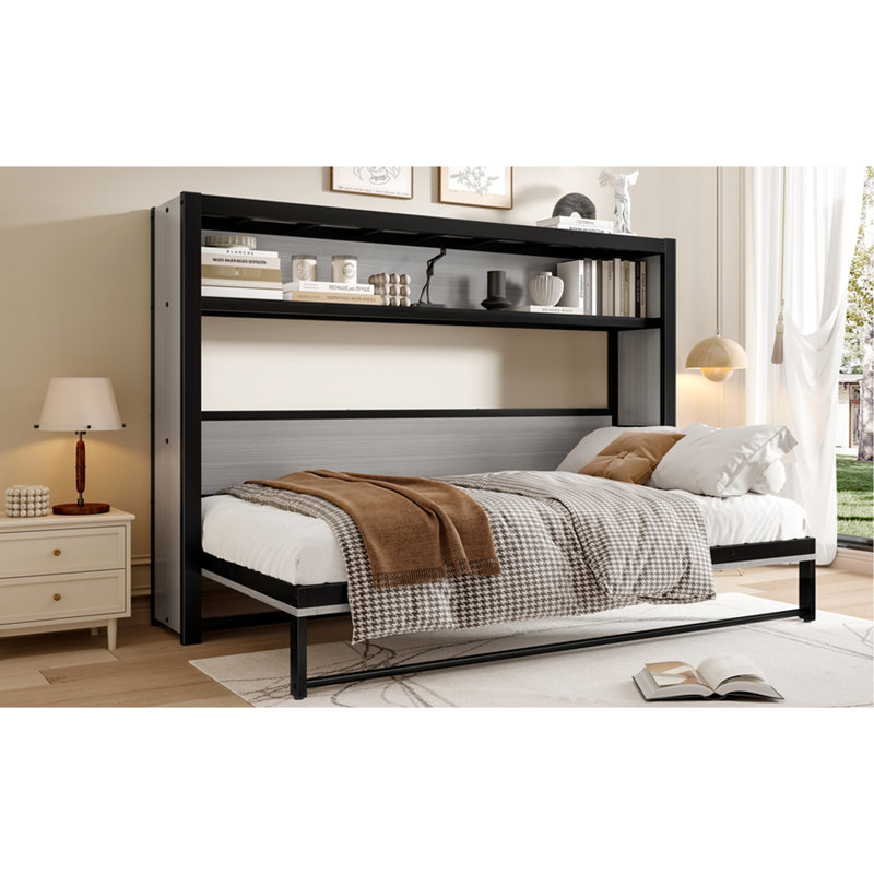 Lit simple en métal gris avec tablettes, conception peu encombrante, quincaillerie, idéal pour les petits espaces pliables et réduisant le bruit, chambres d'amis