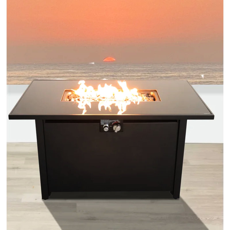 25" H X 42" W Steel Outdoor Fire Pit Table With Lid - Cozy Fireplace, Made, Rustproof, Stainless Top, Lava Rocks, Side Door For Gas Tank, Ignition Control Panel, Protective Cover, Black Modern Patio