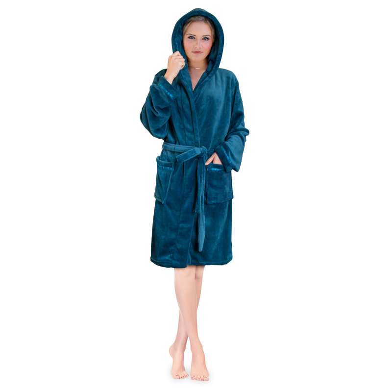 Peignoir en molleton au-dessus du genou avec poches et capuche, G / TG, Gris