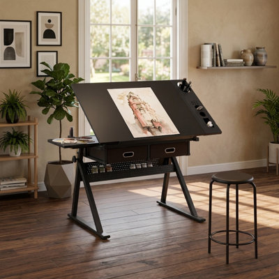 adjustable drawing drafting table desk with 2 drawers for home office and school with stool