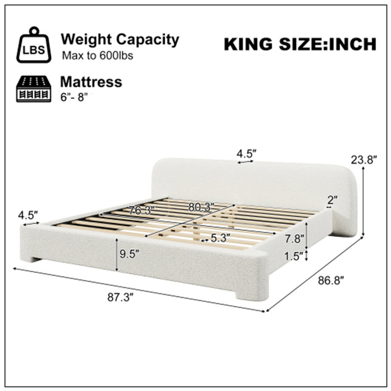 King Cozy White Boucle Upholstered Bed, King