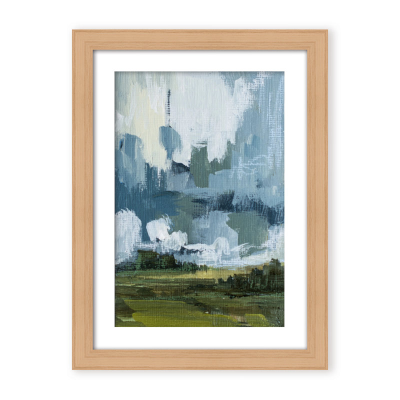 Etheric Horizon: Abstract Hills Under Cloudy Skies, 16" H x 12" W x 1.125" D, Framed Matted Print, Beige