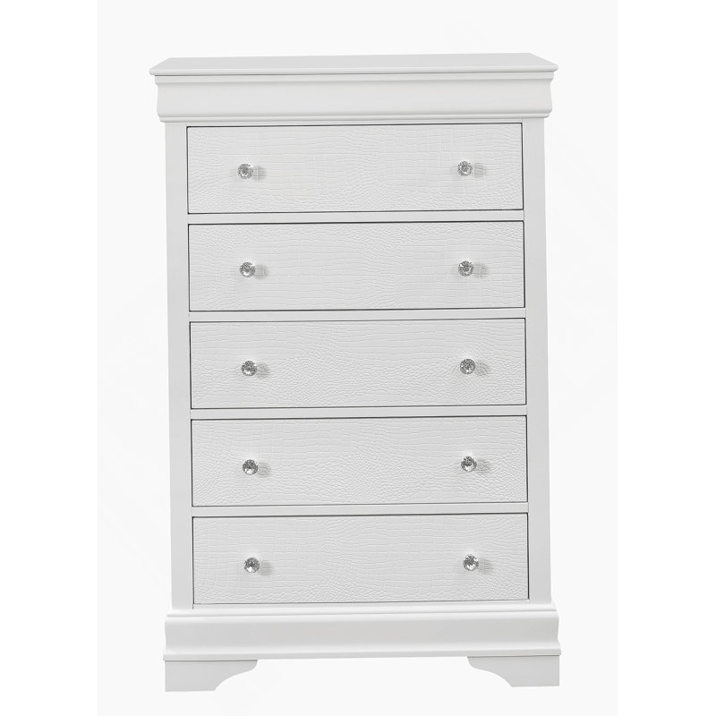 Commode verticale en bois manufacturé avec 5 tiroirs, Blanc