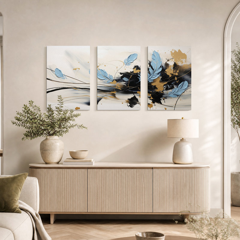 «Blue Feathers», ensemble de 3 toiles abstraites noires et dorées, H 24 po x l 16 po x 3 pièces