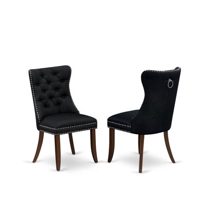 Denison Parson Chairs - Button Tufted Nailhead Black Polyester Fabric Padded Dining Chairs, Set of 2, Mahogany