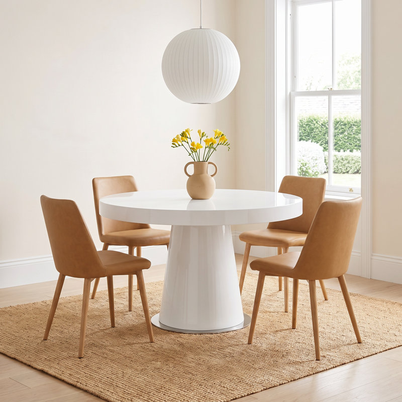 Pangea Home Modern Ronald Claudine 53'' Round Pedestal Dining Table – Contemporary Dining Table in White High Gloss Finish- 6- Seat Table