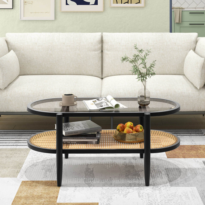 Table basse à 2 niveaux avec plateau en verre trempé avec tablette en rotin Pe et cadre en bois d'acacia noir