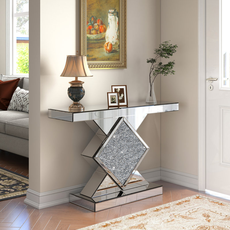Mirrored Glass Console Table with Crushed Diamond Inlay