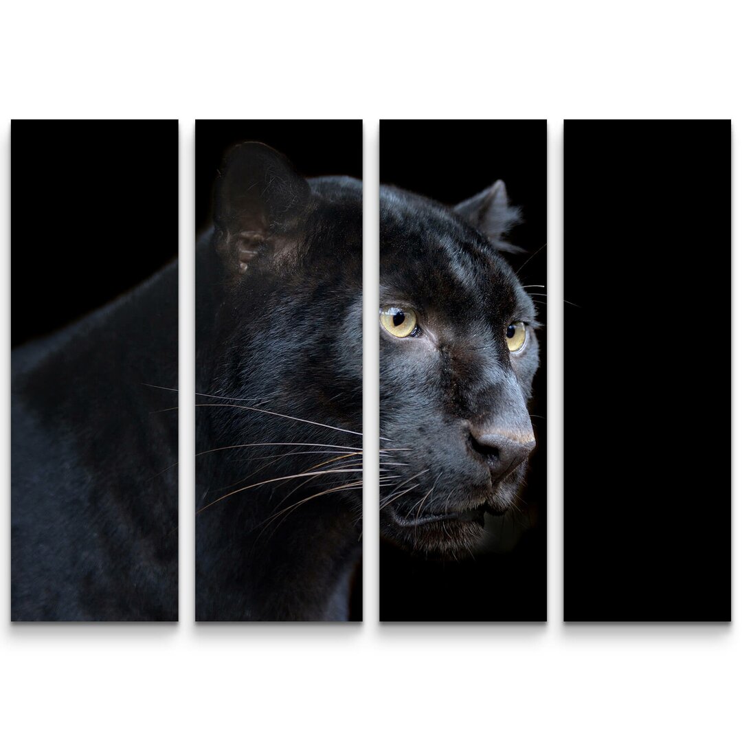 4-tlg. Leinwandbilder-Set Schwarzer Panther auf schwarzem Hintergrund