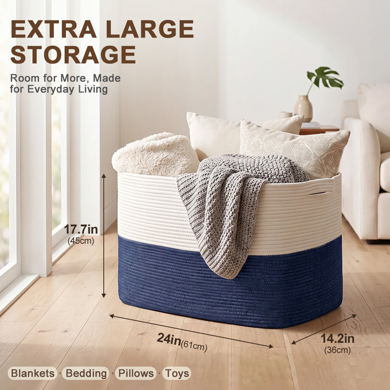 Panier de rangement extra large de 61 cm (24 po) en corde de coton avec poignées, grand panier de rangement tissé pour couvertures, literie, oreillers, jouets et vêtements