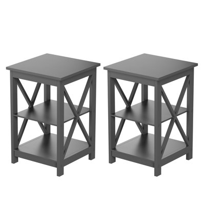 Tables d'appoint Queribus avec deux tablettes - 2 tables de chevet contemporaines avec pieds en X - Paire de tables de bout en bois pour le salon ou la chambre à coucher