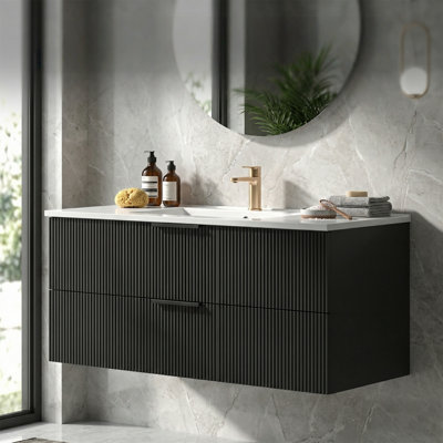 48" Wall Mounted Modern Bathroom Vanity, Double Drawers with U-Shape Cutout, DTC Silent Slides, Integrated Ceramic Basin