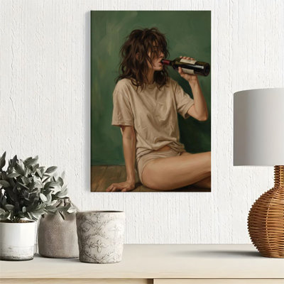 1pc Framed Canvas Wall Art Prints Poster, A woman drinking, with wine bottles and a relaxed posture, in a realistic oil painting style Art Posters Canvas Print Painting for Living Room Bedroom Office Bathroom Dorm Home Decor, Ready To Hang