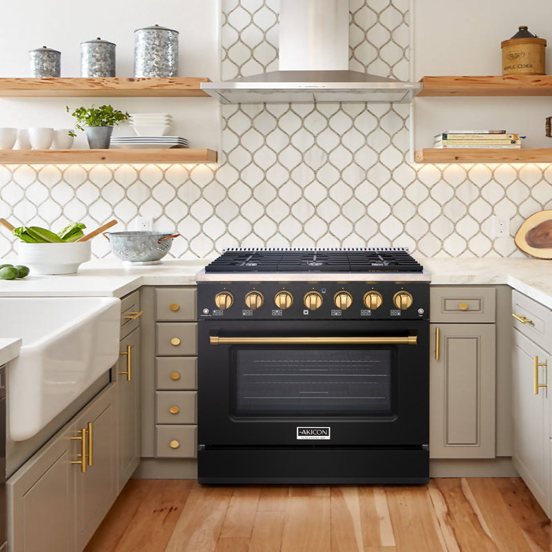 Akicon 36 Inch Freestanding Gas Range - Gas Oven Stove With 6 Sealed Burners, Heavy Duty Cast Iron Grates - 5.2 Cu. Ft. Capacity Rapid Convection Oven With Blue Porcelain Interior (black & Gold)