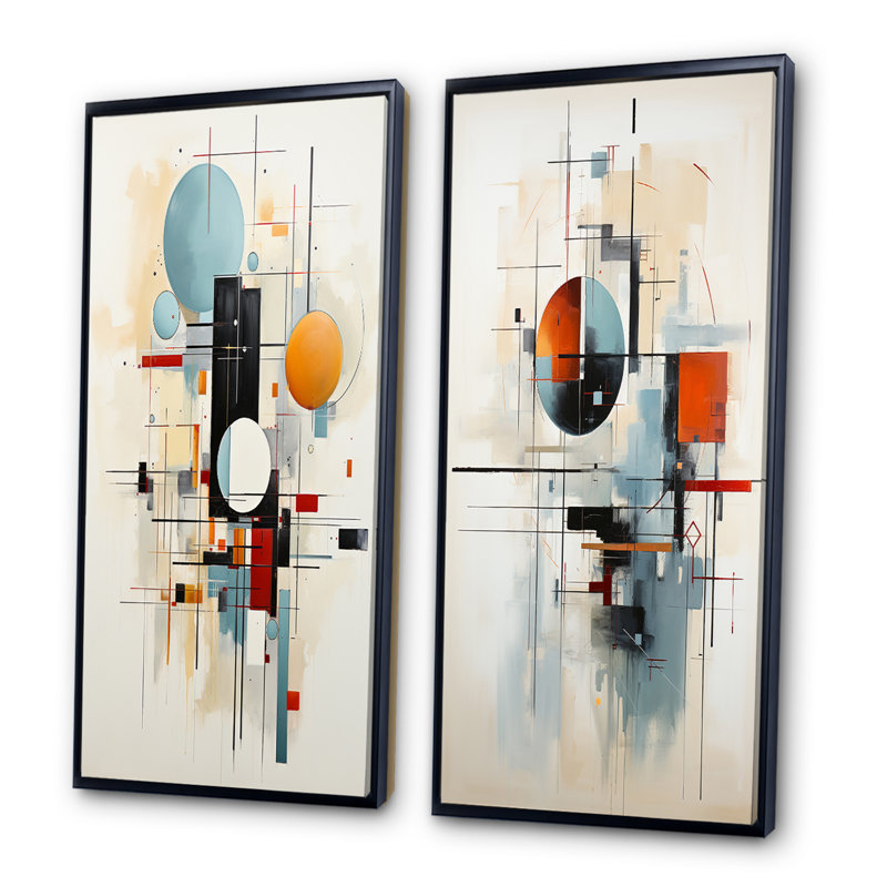 «Beige Blue Suprematism Geometric Explorations», 2 pièces, Cadre noir, H 24 po x l 20 po