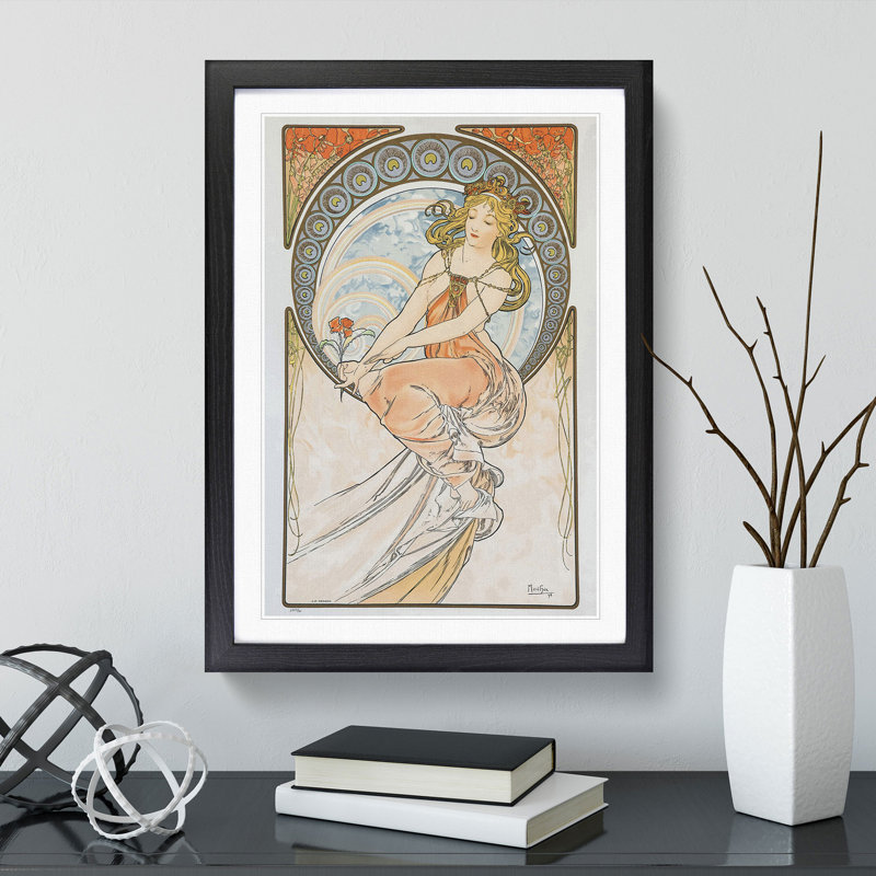 Flower in Hand by Alphonse Mucha - Picture Frame Painting, 65cm H x 48cm W x 2cm D, Black Framed