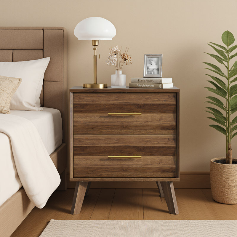 Table de chevet à double tiroir couleur noyer, meuble de rangement de style médiéval pour chambre à coucher moderne