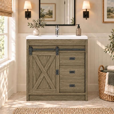 Ensemble de meuble-lavabo avec lavabo, meuble-lavabo à 3 tiroirs et porte de grange coulissante Farmhouse, ensemble de petit meuble-lavabo avec poignées en métal