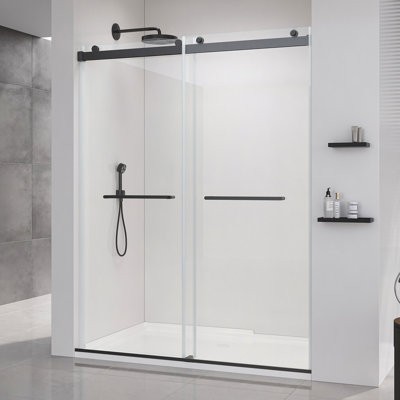 Porte de douche coulissante sans cadre de 68 po à l 72 po x H 76 po, porte de douche sans cadre, porte en verre de douche avec verre trempé clair de 5/16 po (8 mm), verre antidéflagrant, quincaillerie en acier inoxydable