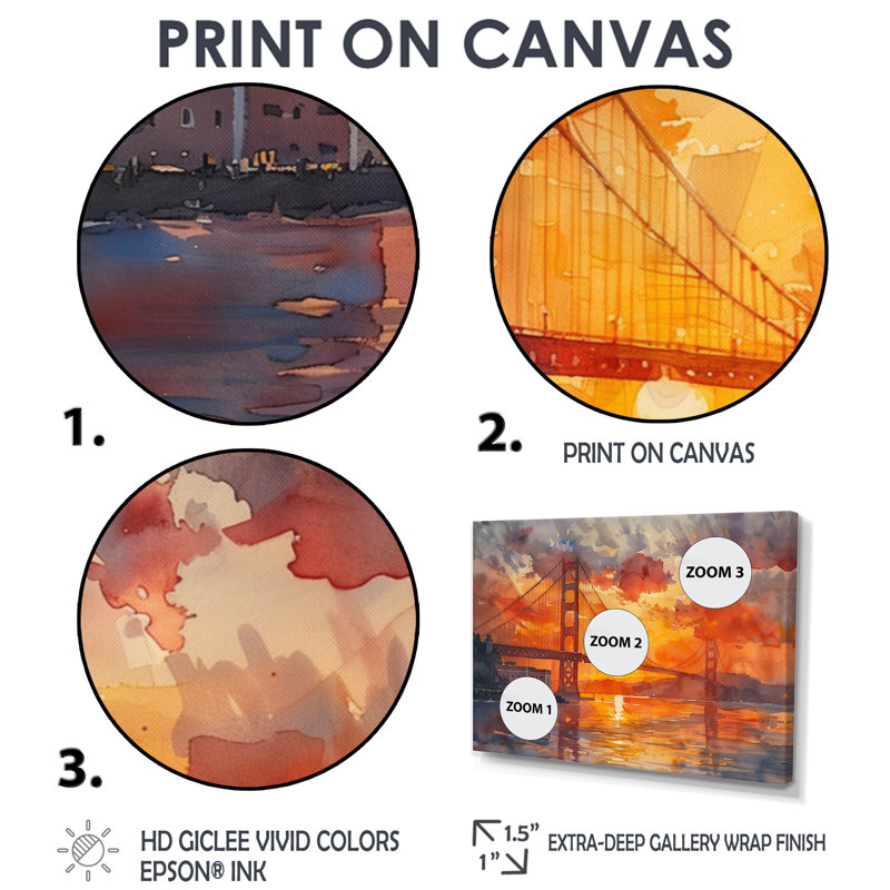 Impression d'art mural jaune et rouge Golden Gate Summer Sunset Glow III - Ponts, Toile avec cadre flottant noir