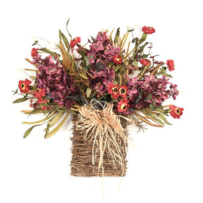 Décoration hortensia rustique artificielle 24 "avec panier en raphia naturel